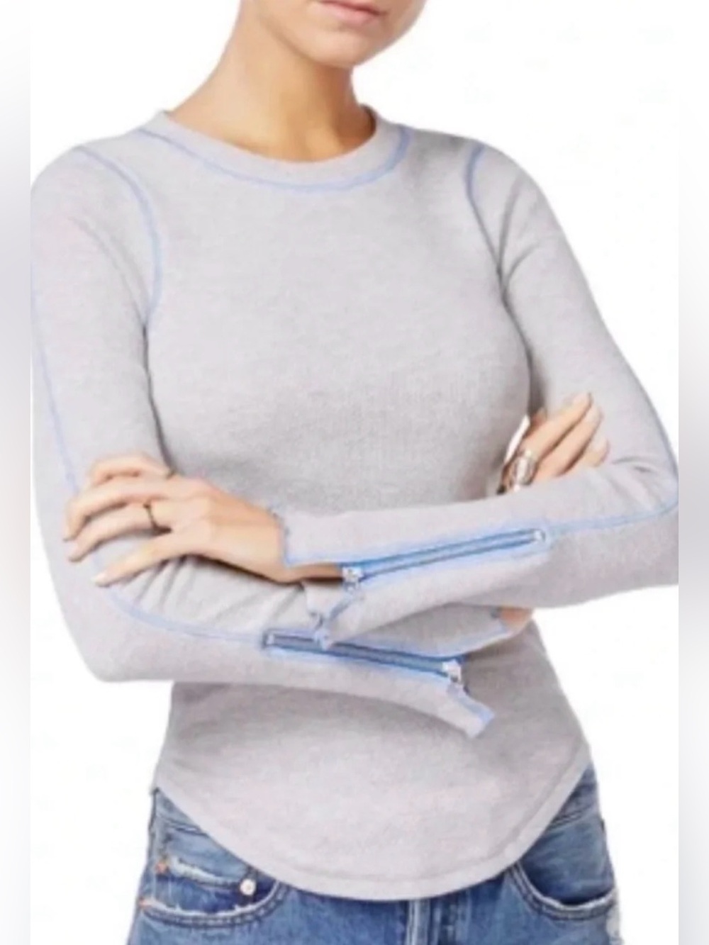 Free People Zip It Thermal Top- Gray Blue Zipper Sleeve Waffle Knit